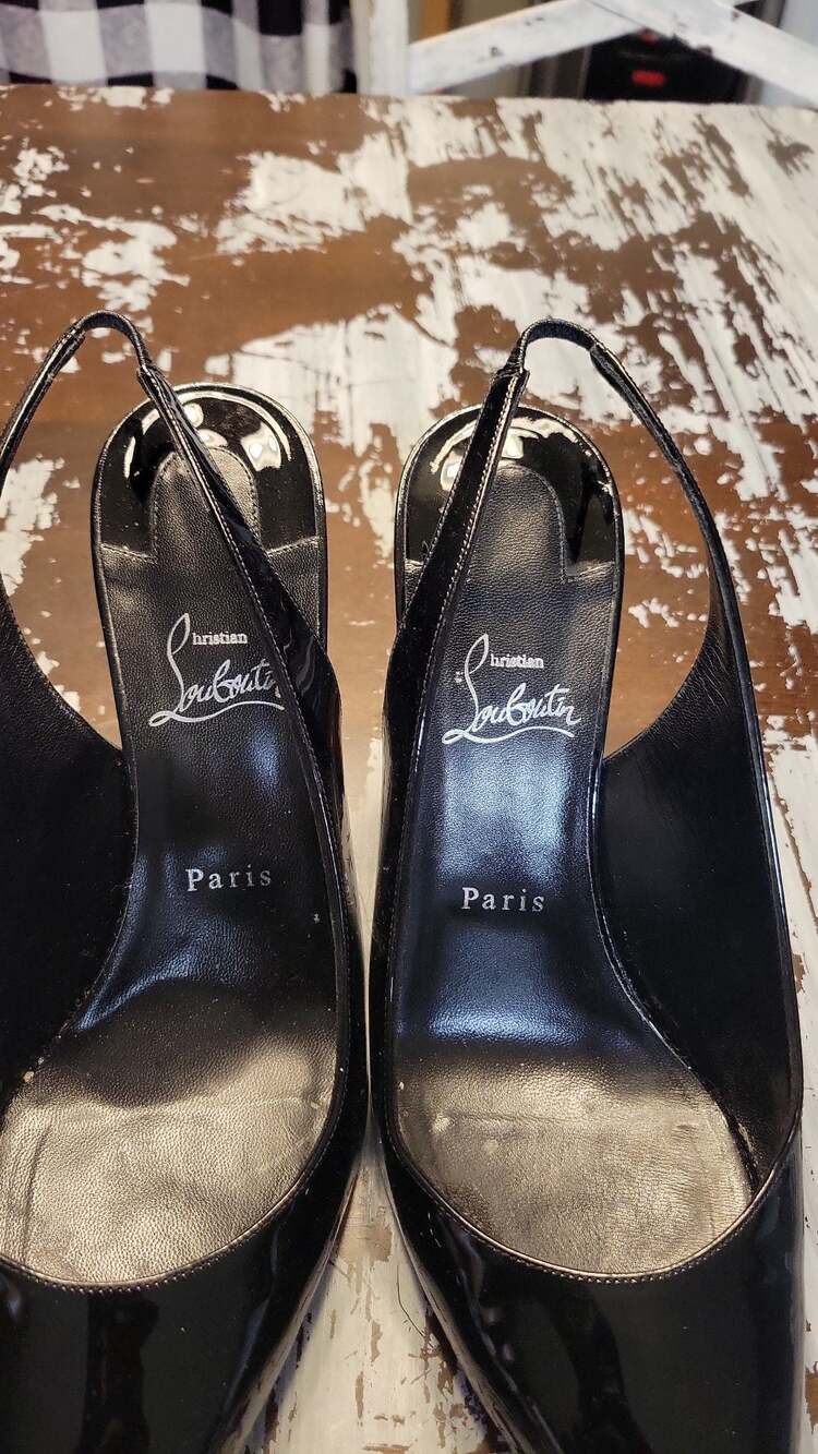 Christian Louboutin Black Patent Leather Slingback Pumps Size 42 DAMAGED - Picture 2 of 9